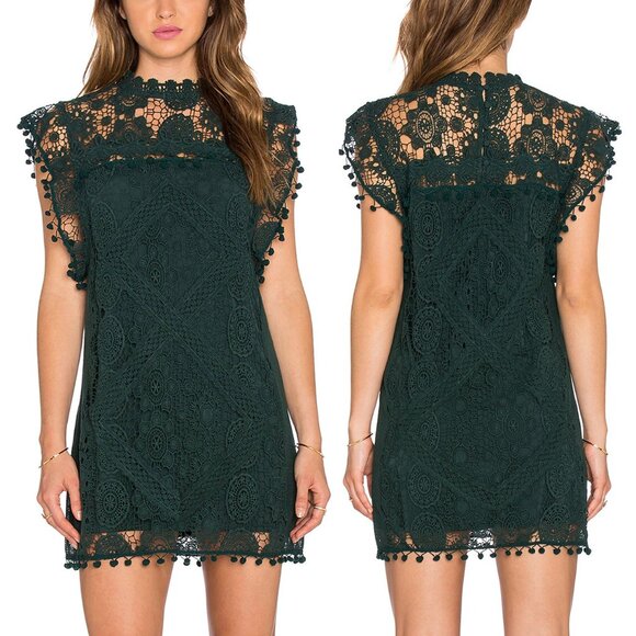 Tularosa Revolve Clayton Tunic Mini Dress L Hunter Green Pom Pom Trim Lace $210 - Picture 2 of 16